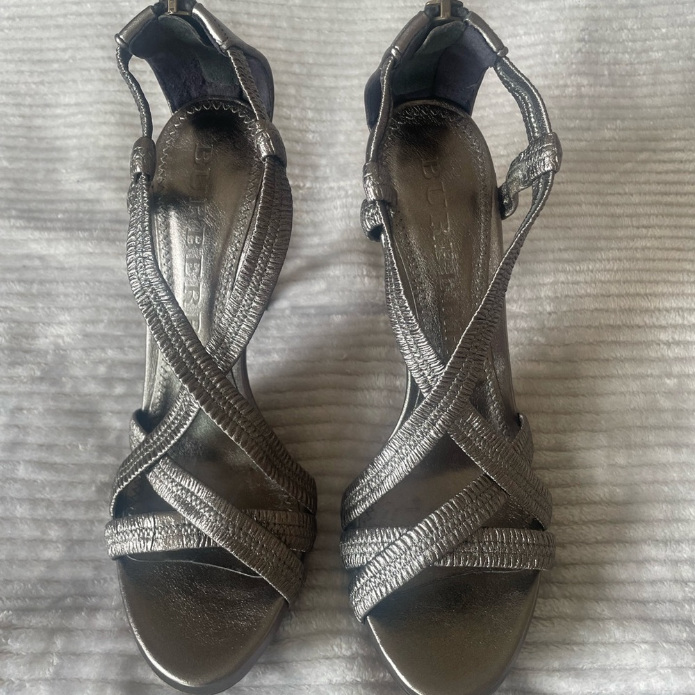 Burberry Leather Metallic Silver Strappy Heels